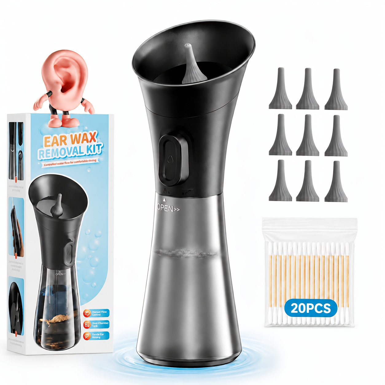 TEMU 2-in-1 Manual Ear Wax Removal Cleaner With Clean & Waste Water Tank, One-hand Ear Irrigation Kit, 10 Soft Tips, Reusable Ear Cleaning System For