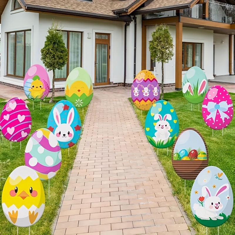 

12pcs Easter Egg Yard Stakes - Cute Outdoor Garden And Lawn Decorations, No Batteries Required, Easter Celebrations, Signs, Easter Decorations