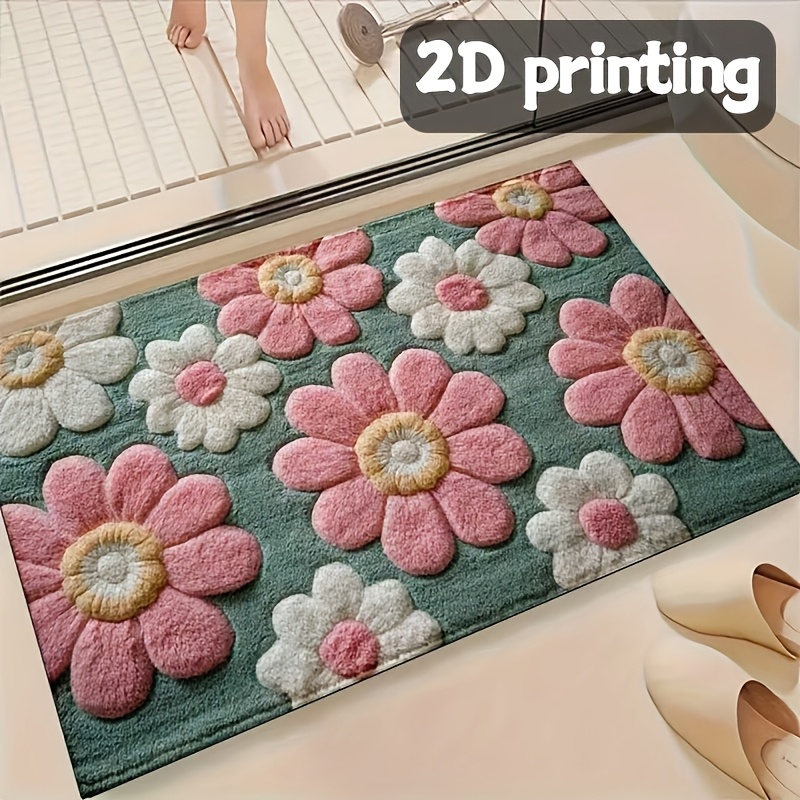 TEMU Embroidery-like Pattern, 2d Flat Single-piece Cute Pink And White Floral Print Soft Fluffy Non-slip Mat Kitchen Rugs, Suitable For Holiday Party