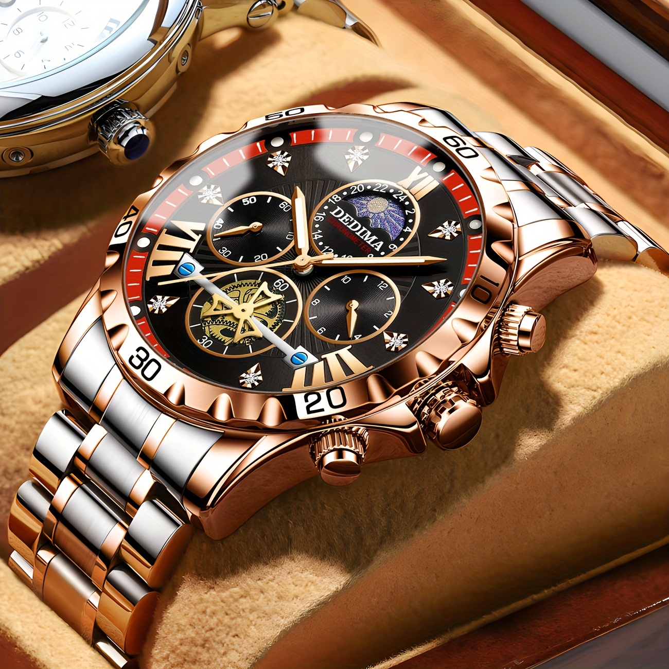 Elegant Men's Stainless Steel Sports Watch with Rhinestone Accents, 24-Hour/Calendar/Stopwatch Functions - Perfect for Halloween, Thanksgiving, Father's Day