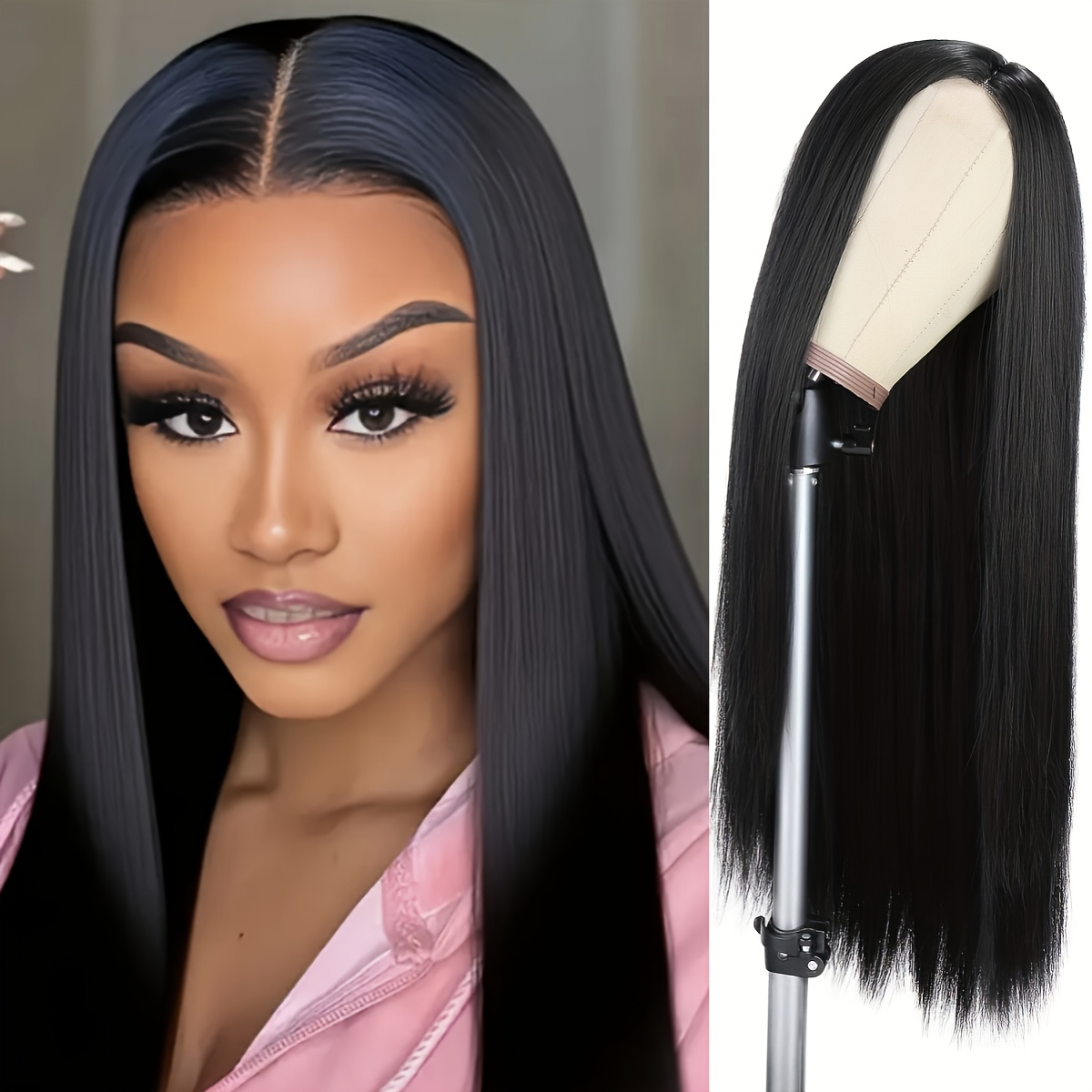 TEMU An Elegant Women'-inch Long Straight Black Synthetic Wig - Heat Resistant, Long Hair Style, Center Part Design, Suitable For Daily Wear, Formal