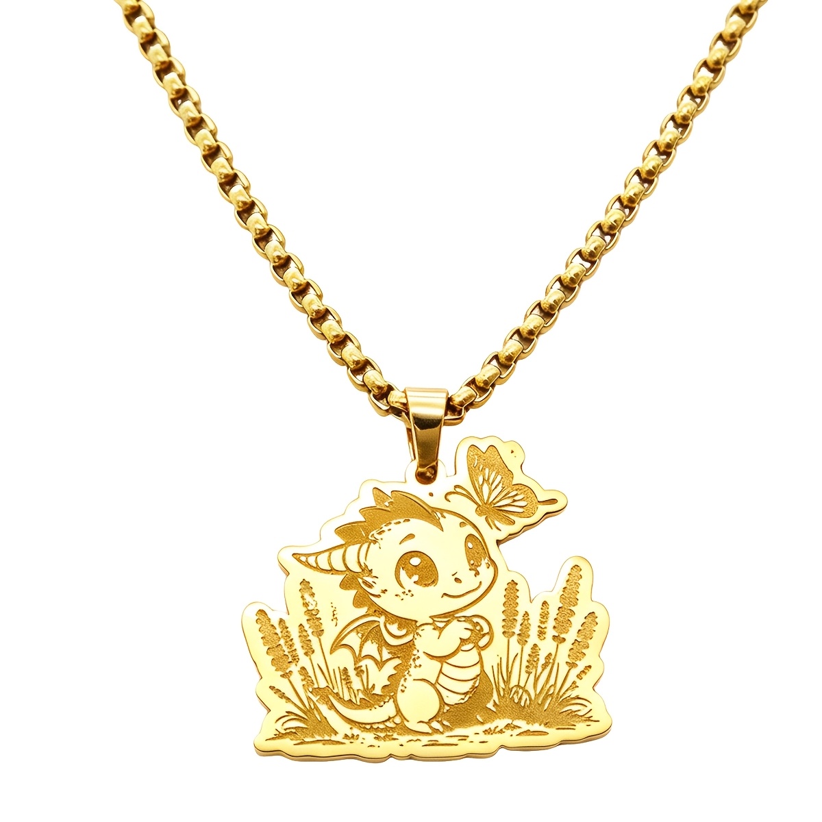 Stainless Steel Dragon with Butterfly Pendant Necklace, Fantasy Gift