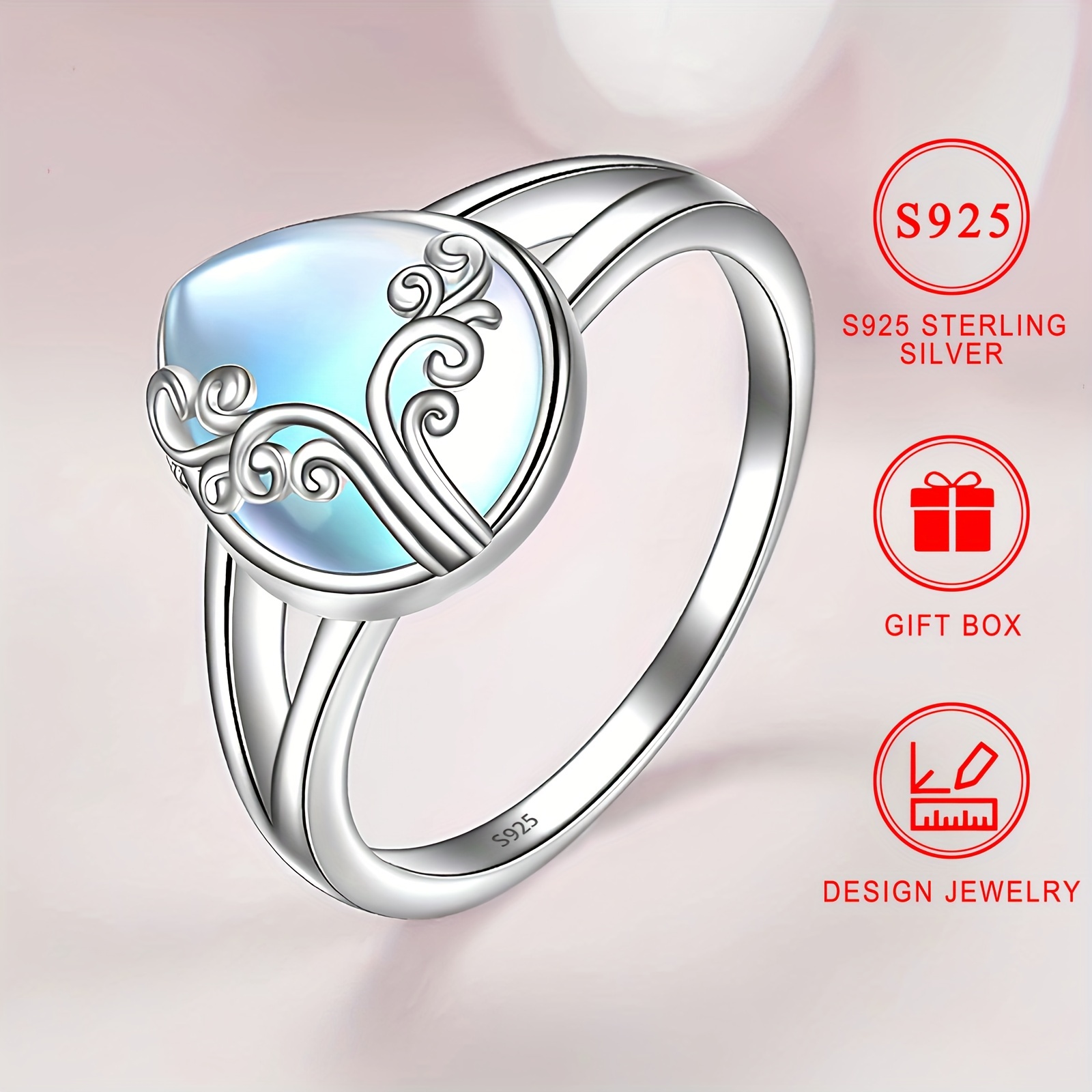 S925 Silver Rainbow Moonstone Teardrop Ring
