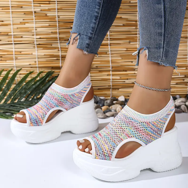 womens lightweight breathable crochet wedge sandals open toe thick sole casual shoes with ankle strap white colorful geometric for casual attire strappy sandals Product details 5