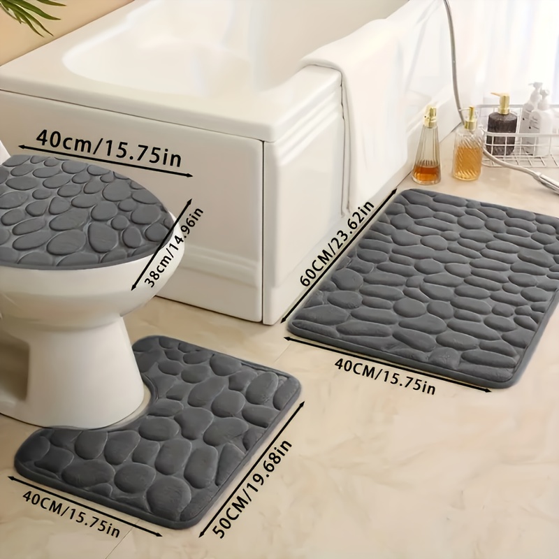 TEMU 3pcs Luxury Memory Foam Bath Mat Set - Non-slip, Soft Polyester With Toilet Lid Cover - Quick Dry & Absorbent For Bathroom Floors -