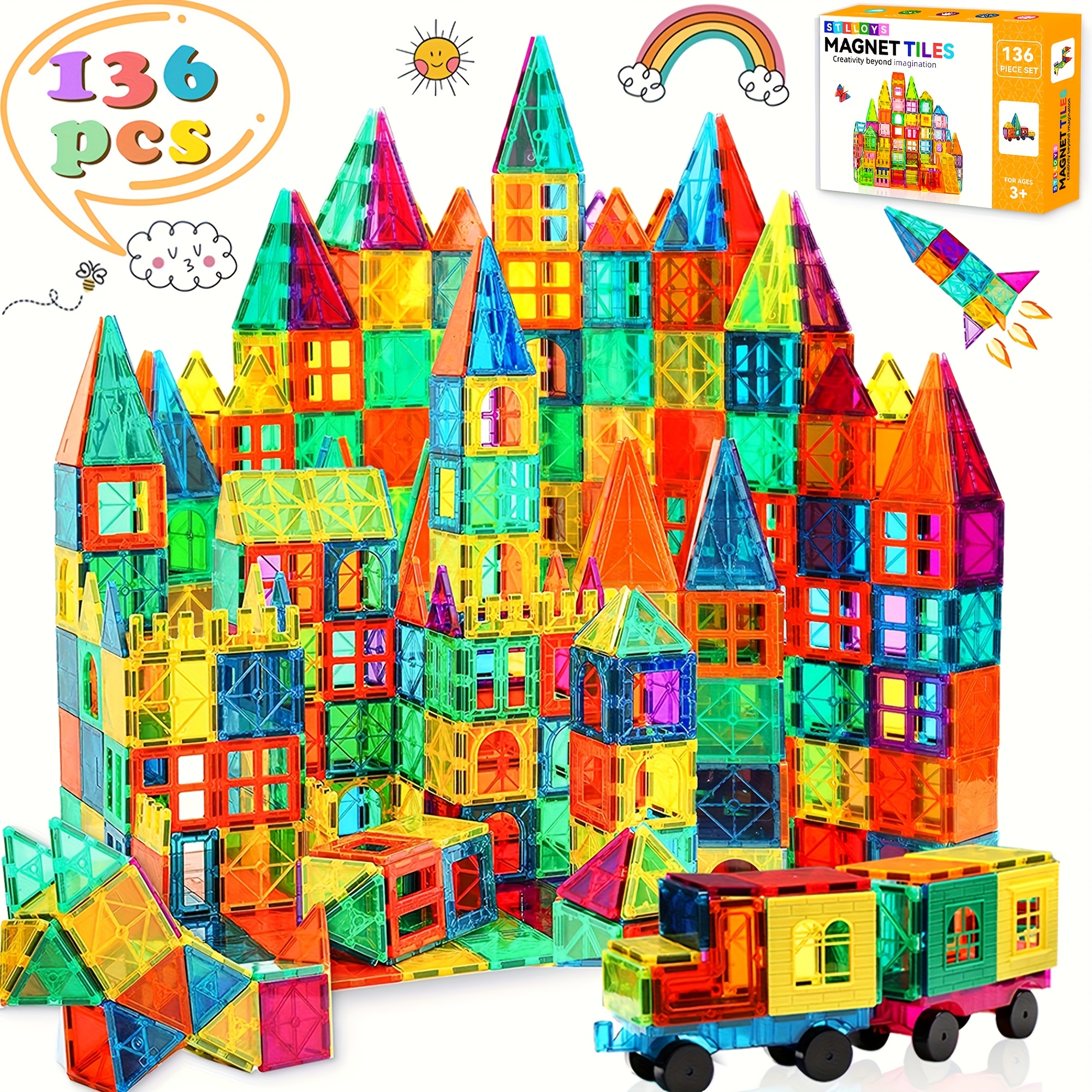 136/106pcs Magnetic Blocks With 2 Cars, Magnetic Tiles Kids Toys, Magnet Tiles 3D Clear Building Blocks Set, STEM Sensory Educational Toys, Birthday Gift For Kids Boys Girls 3 4 5 6 7 8 9+ Year Old