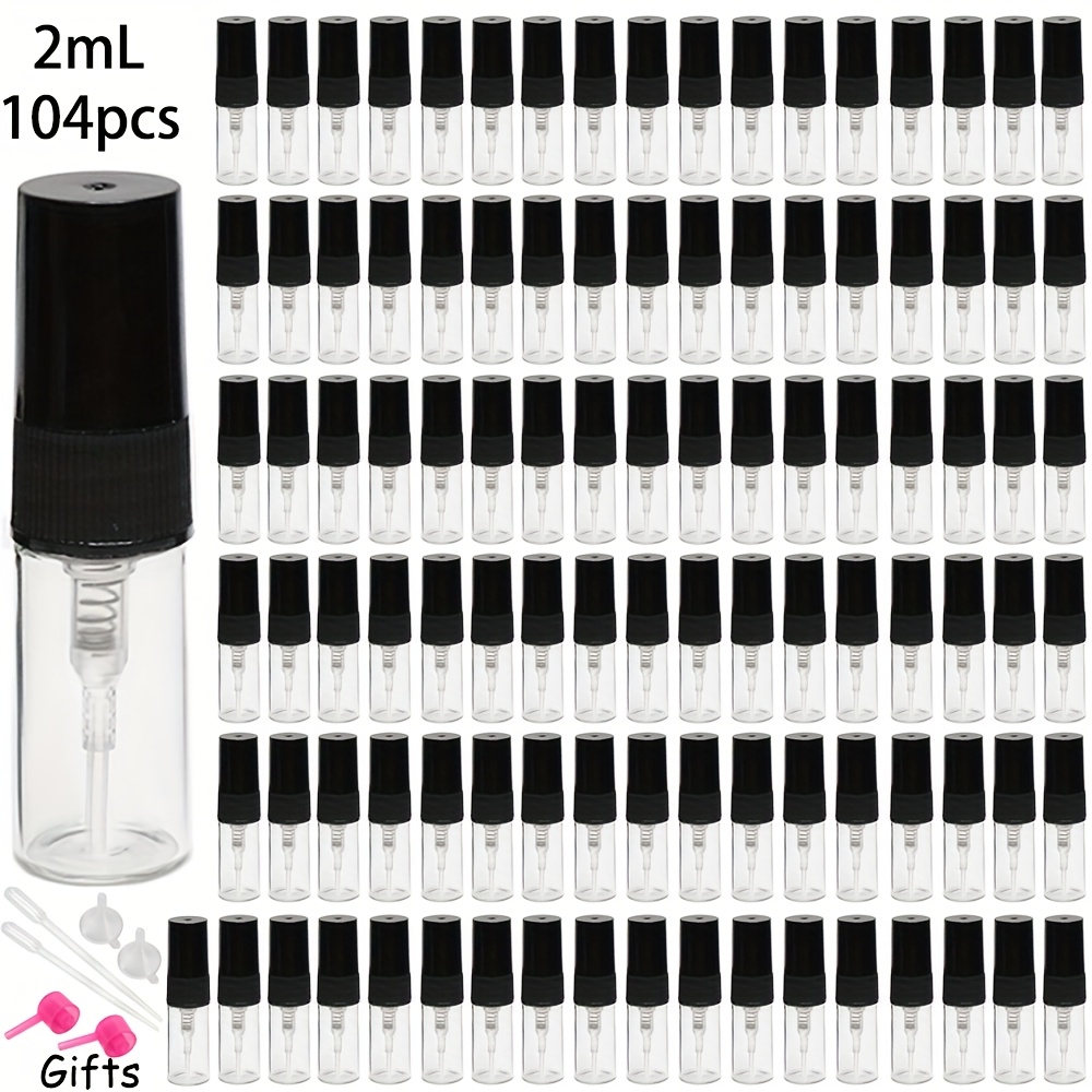 E-shop 104-teiliges Großhandelsset, Hochwertige transparente Glas-Parfümflaschen, 2ml 3ml 5ml 10ml Sprühflaschen, Schwarzer Sprüher, Kosmetische