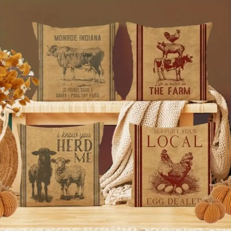 4 packs of old fashioned farm animal pillowcase design printed pattern zipper pillowcase double sided polyester printed pattern zipper closed home decoration living room bedroom and sofa home decoration not included in the pillow Product details 3