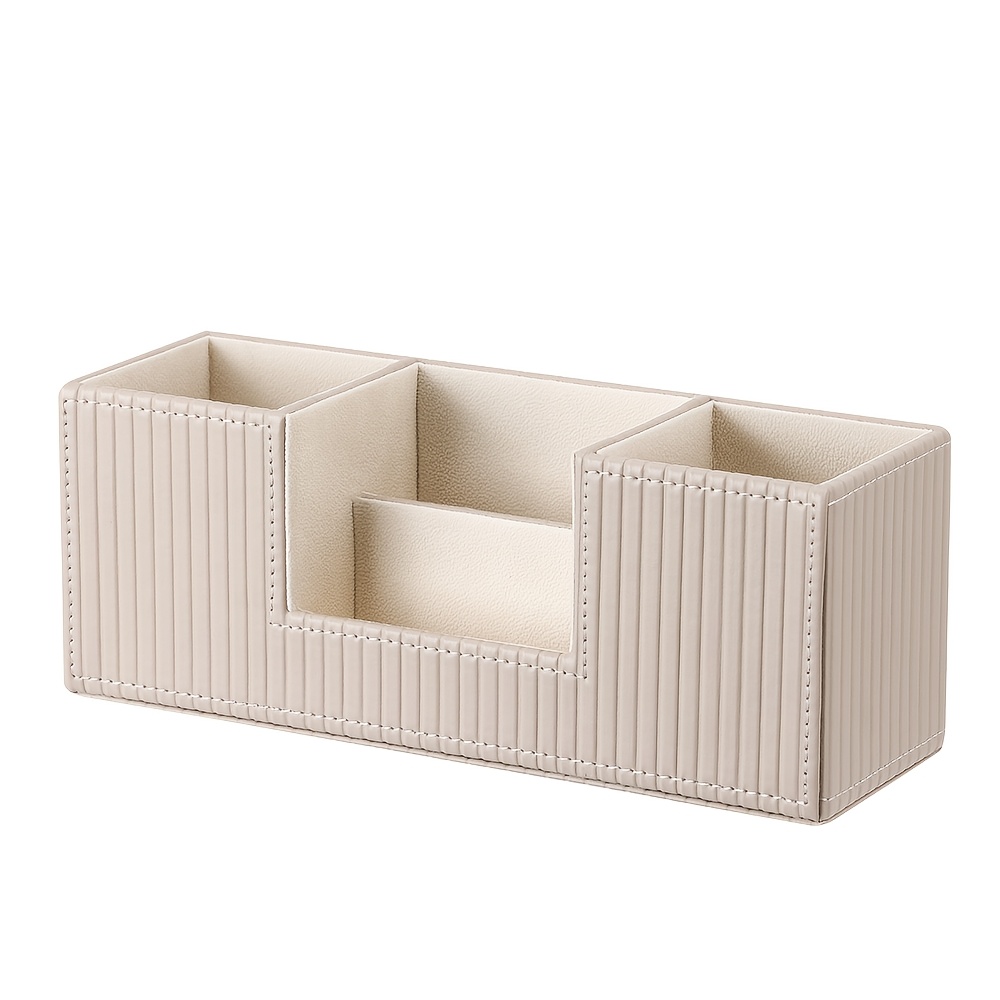 TEMU 1pc Elegant Light Luxury Vertical Striped Pu Leather 4-compartment Cosmetic Storage Box, Dual Pen Holder For Office Stationery & Business Cards,