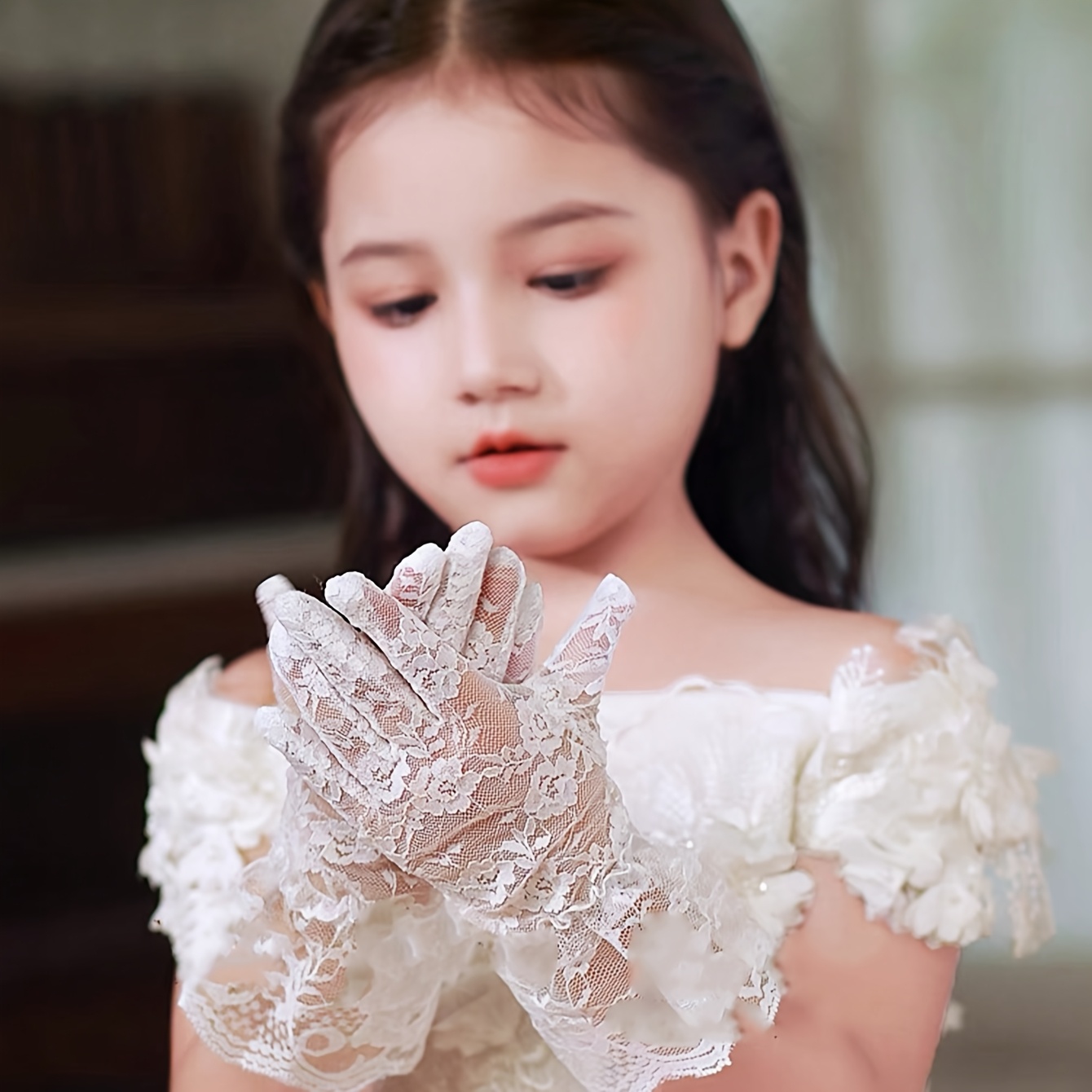Pair of Girls' White Breathable Bow Lace High-End Wedding Gloves, Photo  Shoot Gloves, Stage Performance Gloves for Princesses, Ceremony Dance *  Birthday Ultra-Stretch Five-Finger Gloves