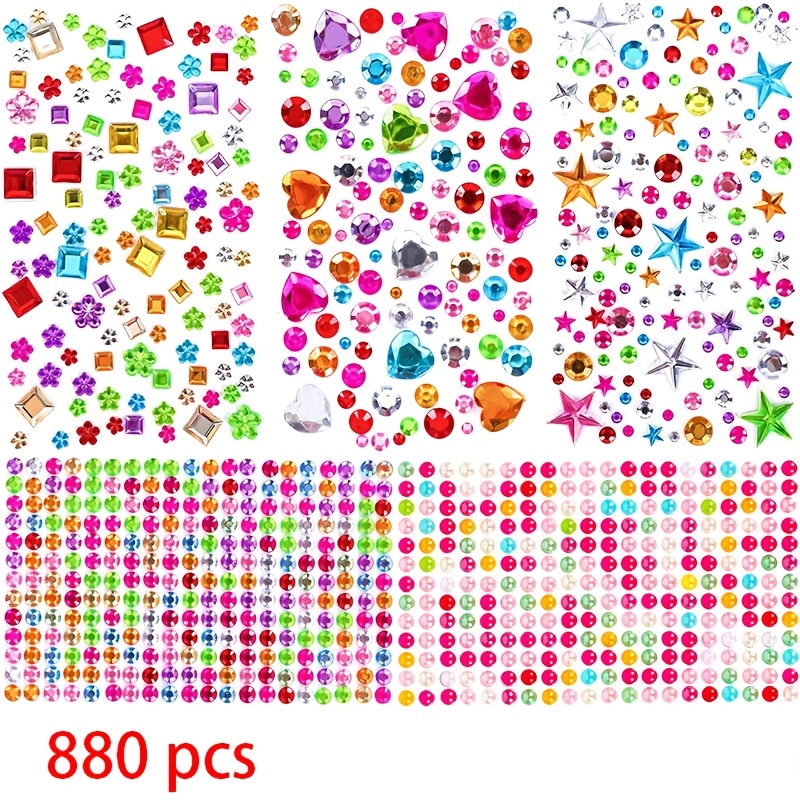 Image of 880pcs Self-adhesive Rhinestone & Gem Bead Stickers Suitable For Girls, Round Acrylic Diy Craft With Sparkling Suitable For Scrapbooking, Jewelry Making, Decorations, Clothing Decoration, Hair