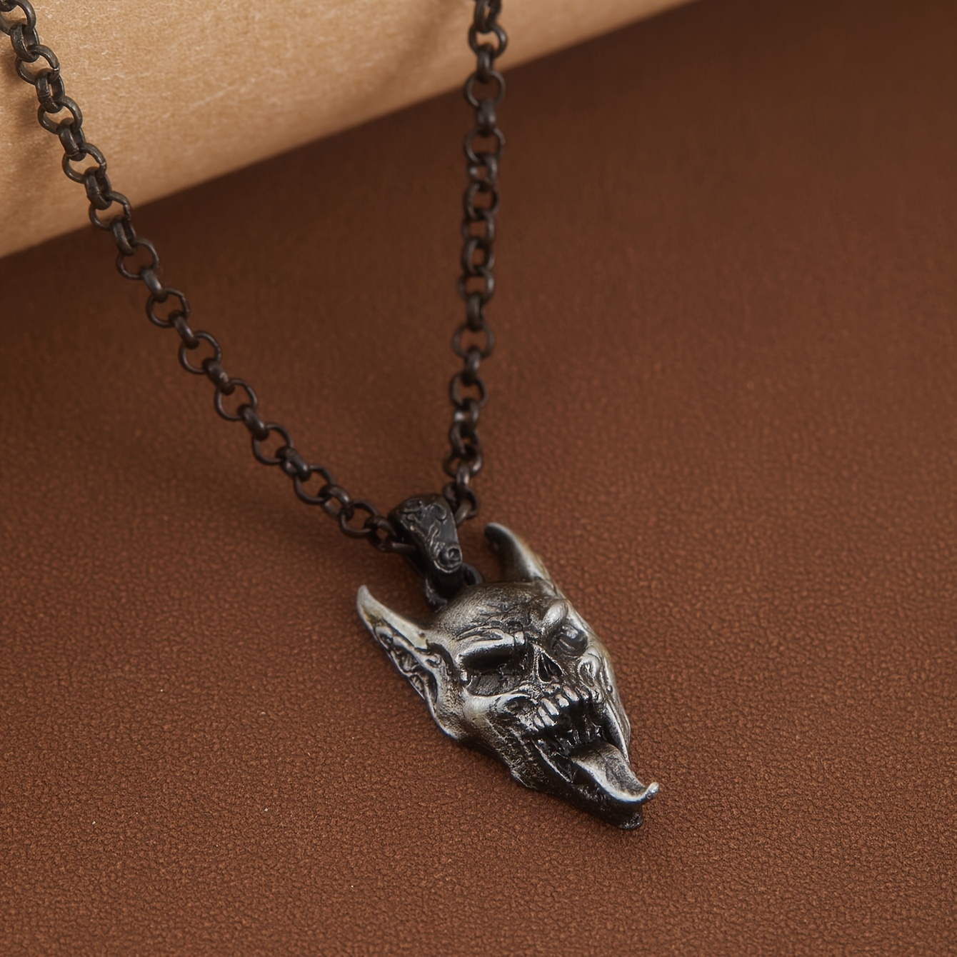 TEMU Men's Gothic Devil Pendant Necklace With Black & White Skull Devil Charm - Edgy Alloy Jewelry For Halloween Costume Accessory Or Wear, Durable