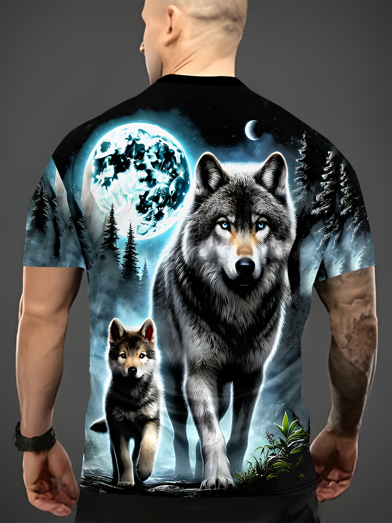 mens wolf moon 3d print t shirt breathable comfortable short sleeve crew neck for summer outdoor sports casual   with white gray wolf design moon phase print artistic wolf print comfortable fi