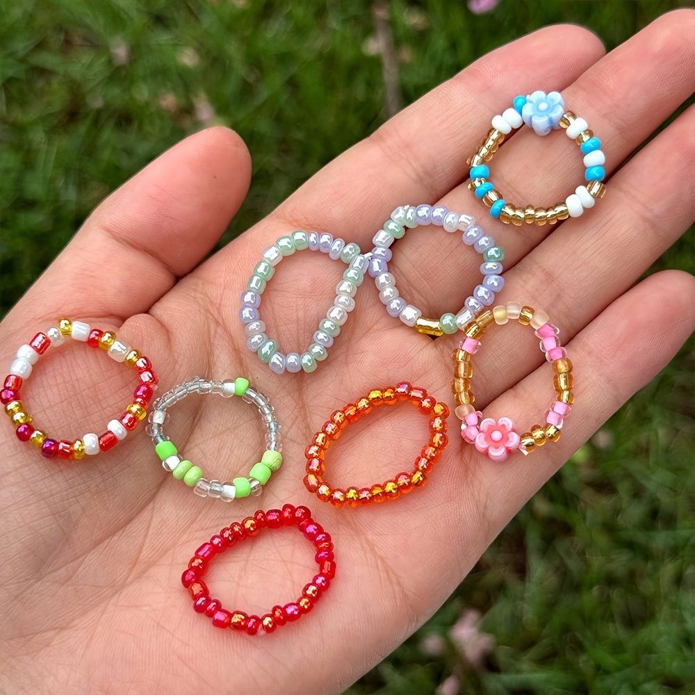 Vintage Boho Flower Ring Set for Women - 20 Pcs Beaded Stretch Rings