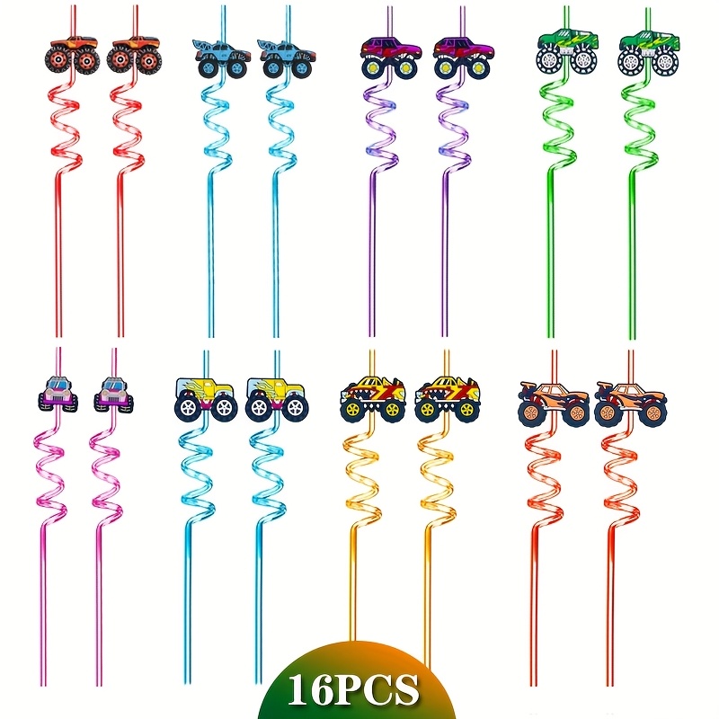 TEMU 16pcs Monster Truck Themed Spiral Plastic Straws - Reusable, Food-safe Off-road Vehicle Design For Birthday Party Decorations & Small Gifts,