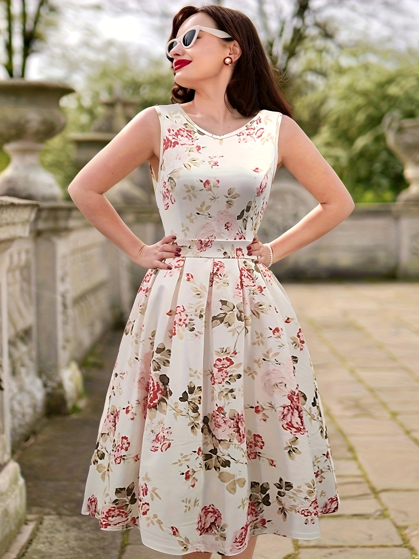 slim fit dress slacks Red Dress | Floral Cotton Flared Sleeveless Mini Dress