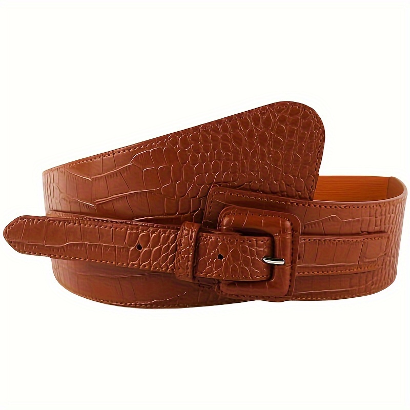 Vintage Elastic Belt Brown Crocodile Texture Square Buckle