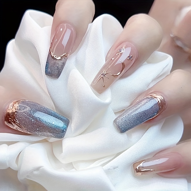 

Luxury & Long Ballet Nails, Glossy Finish Blue & Pink Gradient Artificial Nail Set With Translucent Ice Effect - Elegant Press-on Manicure