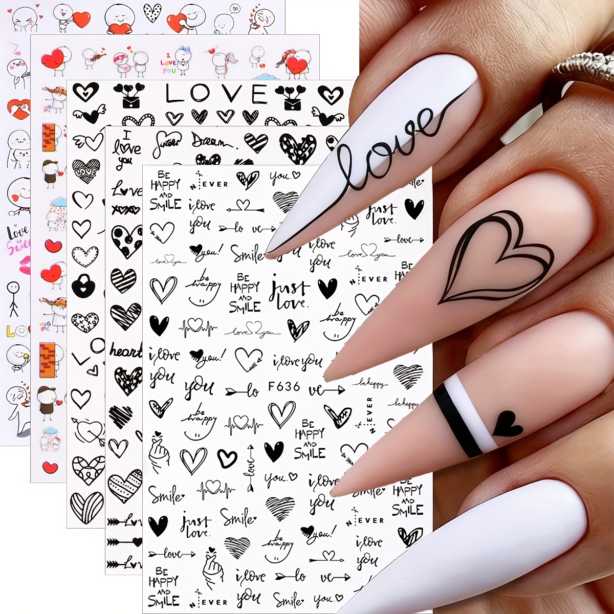 E-shop 5-Blatt 3D Valentinstag Niedliche & Minimalistische Romantische Liebe Nagelsticker - Cartoon Paar Charaktere, Schwarz/Weiß Herz Kritzeleien