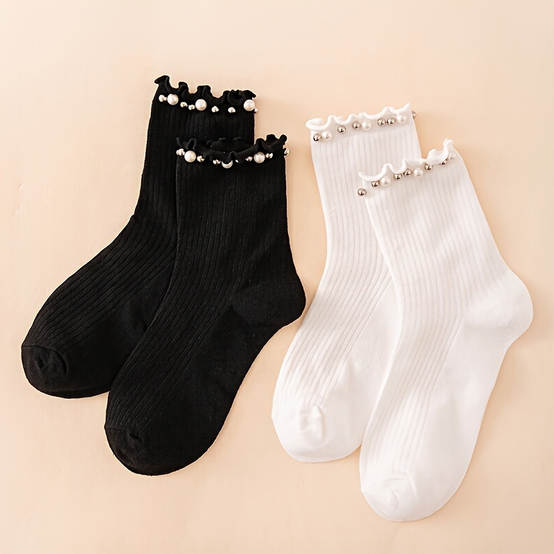 

2 Pairs Faux Pearl Beaded Socks, Sweet & Comfy Mid Tube Socks, Women's Stockings & Hosiery