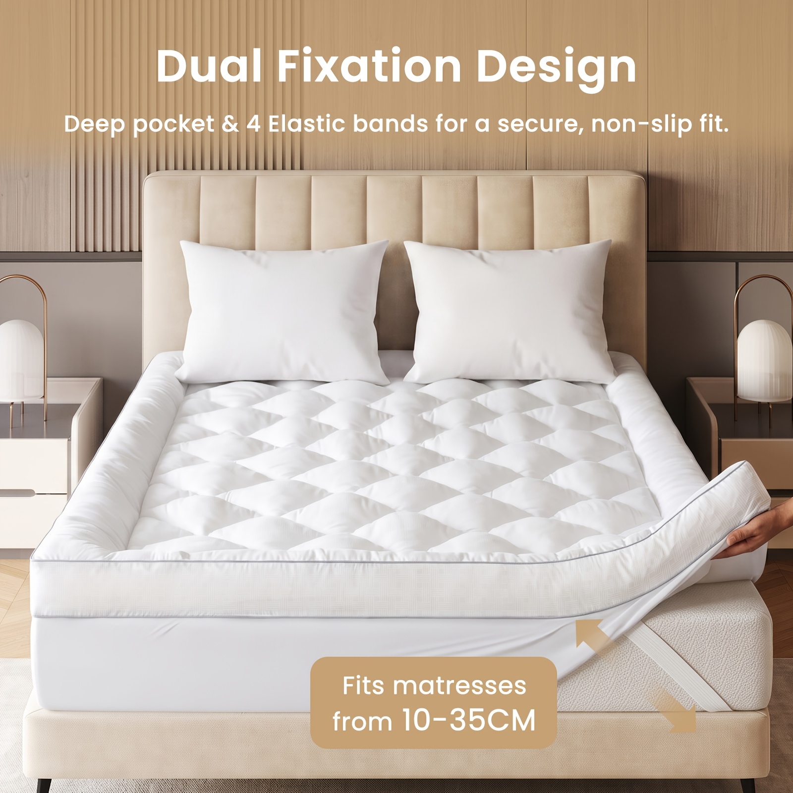 TEMU Premium 10cm Mattress Topper, Top With 1200gsm Plush Filling, Mesh Construction, Breathable Quilted Mattress Pad With Elastic Corner Straps,