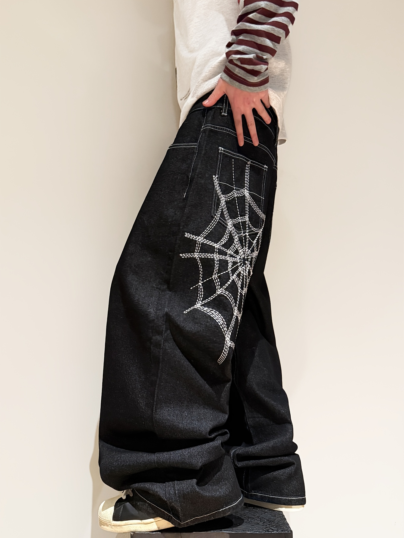 1pc y2k gothic web embroidered jeans men black wide - Temu