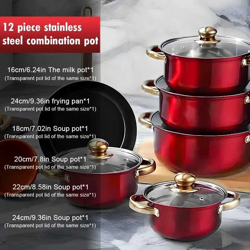 red 12pcs stainless set non stick pan set heat resistant frying saucepan versatile stylish durable suitable for induction stoves details 8
