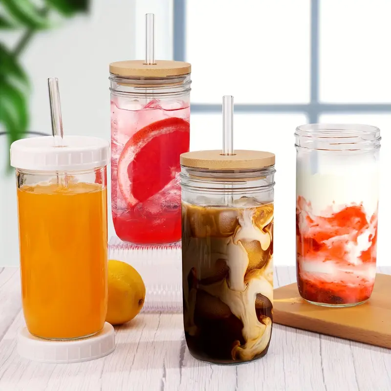 glasses set 18pcs set 4 cups 4 wooden lids 4 plastic lids 4 straws 2 straw brushes 24 oz smoothie glasses boba mason jar wide mouth milk tea cups drinking cups iced coffee glasses Product details 2