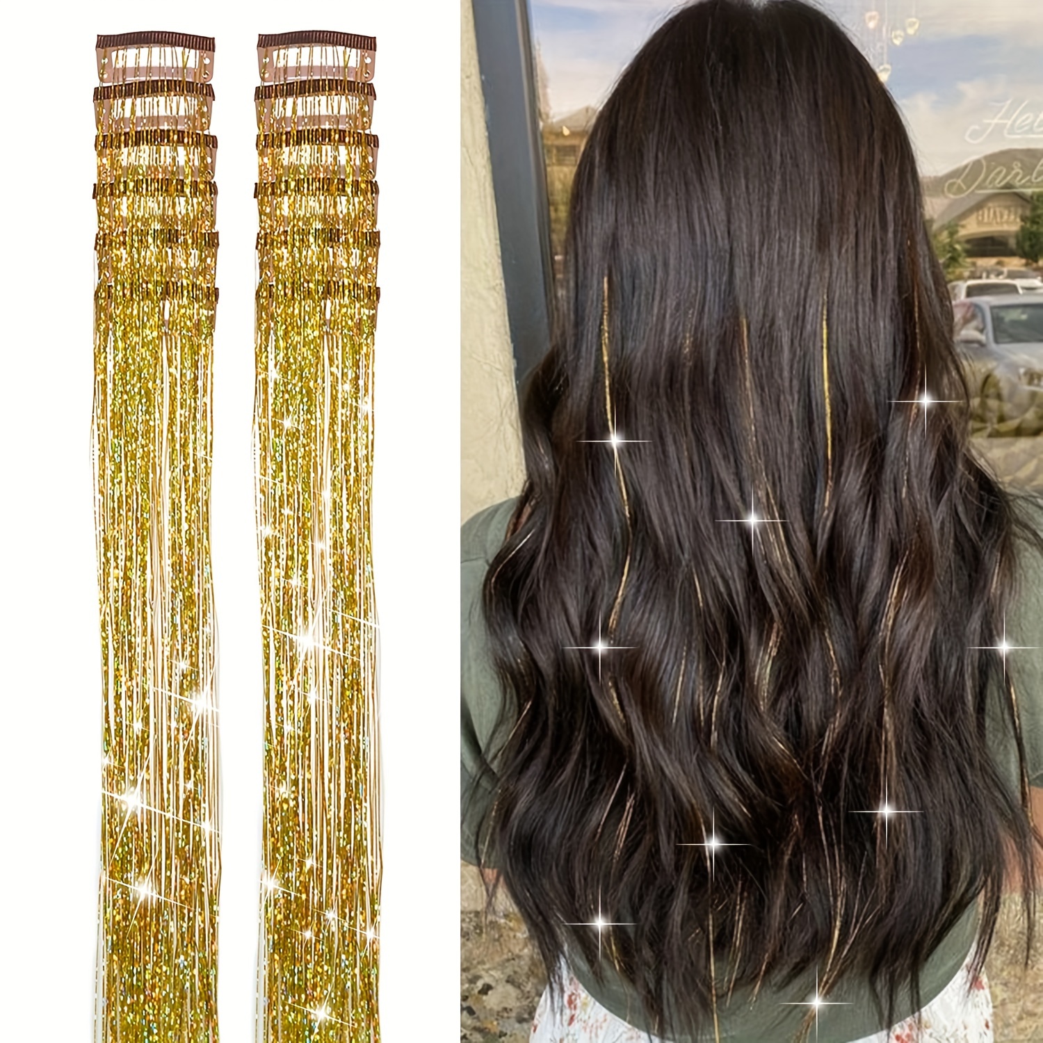 TEMU 12pcs Hair Tinsel Clip In 19.6inch Tinsel Hair Extensions Clip In Hair Tinsel Kit Heat Resistant Sparkle Glitter Hair Extensions Fairy Hair Accessories For Women