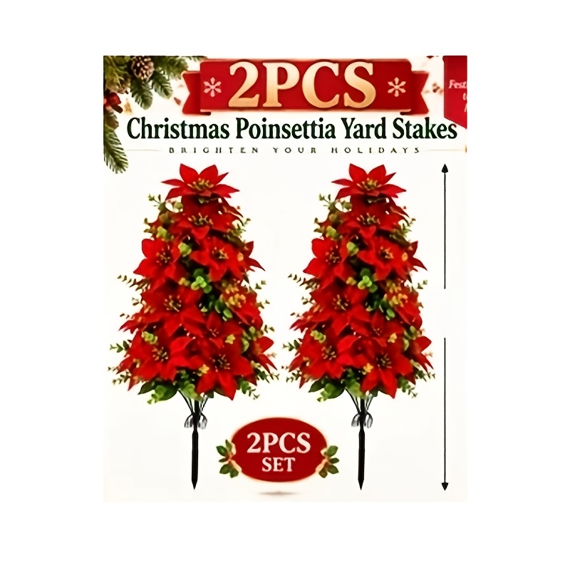 Image of 2pcs Christmas Artificial Red Poinsettia Tabletop Floral Arrangement, Flower Decor, Outdoor Courtyard Garden Lawn Porch Potted Floral Arrangement, Christmas Holiday Decoration
