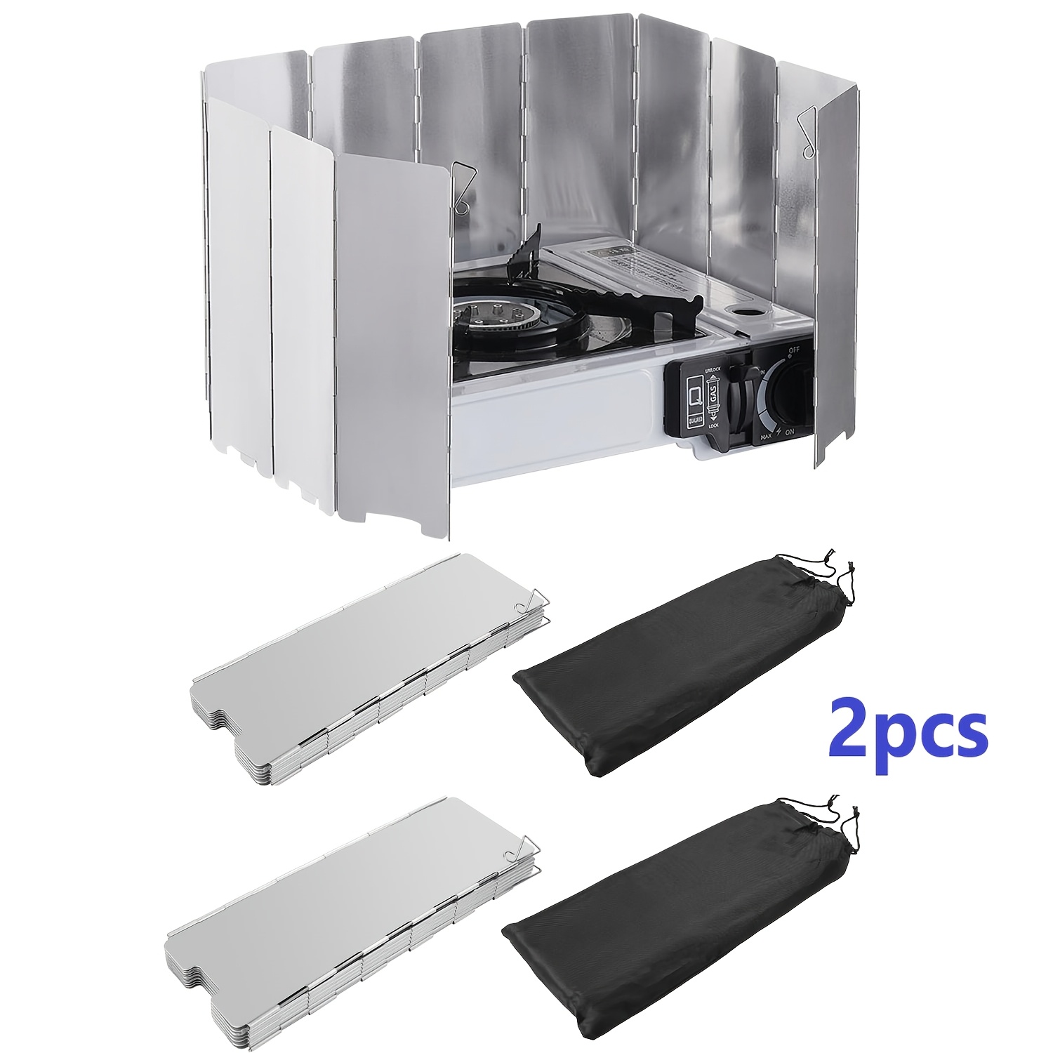 Image of Camping Stove Windshield With 16 Baffles, 2 Sets, Foldable Gas Stove Windshield, Lightweight 1.3-meter Long Golden Metal Windshield, With Storage Bag, Outdoor Camping Additions, Cooking Equipment