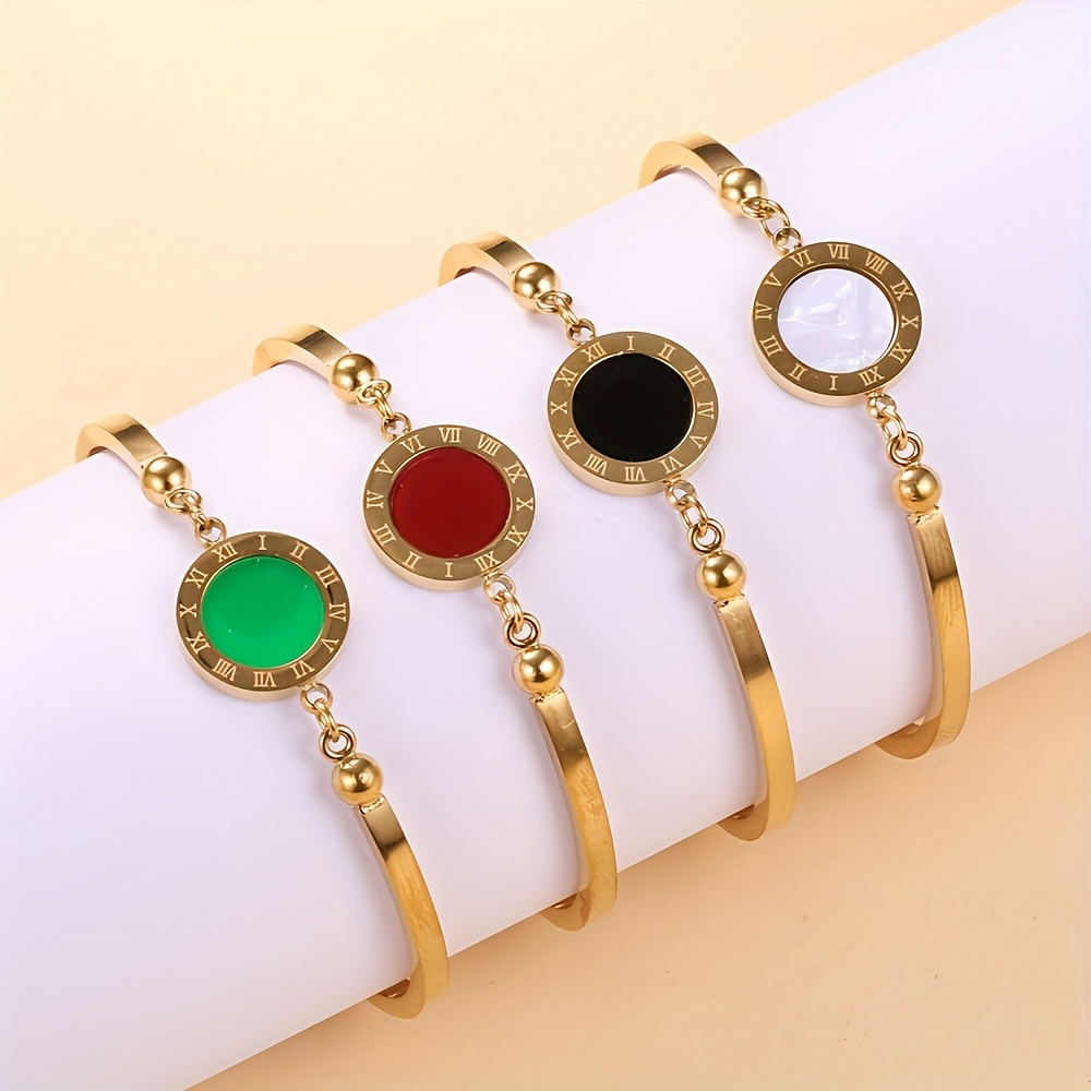 A Roman Numeral Bracelet Available in Four Colors: Black, White, Red, And Green. Made of Stainless Steel, This Classic And Stylish Jewelry Piece Is Designed for Women