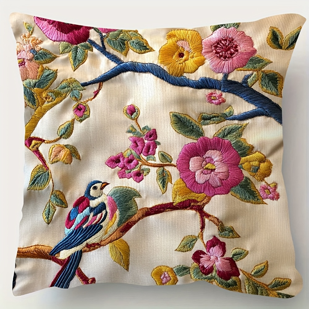 

1pc Syl17899 18x18 Inch Super Soft Short Plush Throw Pillow Cover, Double-sided Chinoiserie Embroidery Design, Contemporary Style, Hand Wash Only, Zipper Closure, Polyester, For Room Types