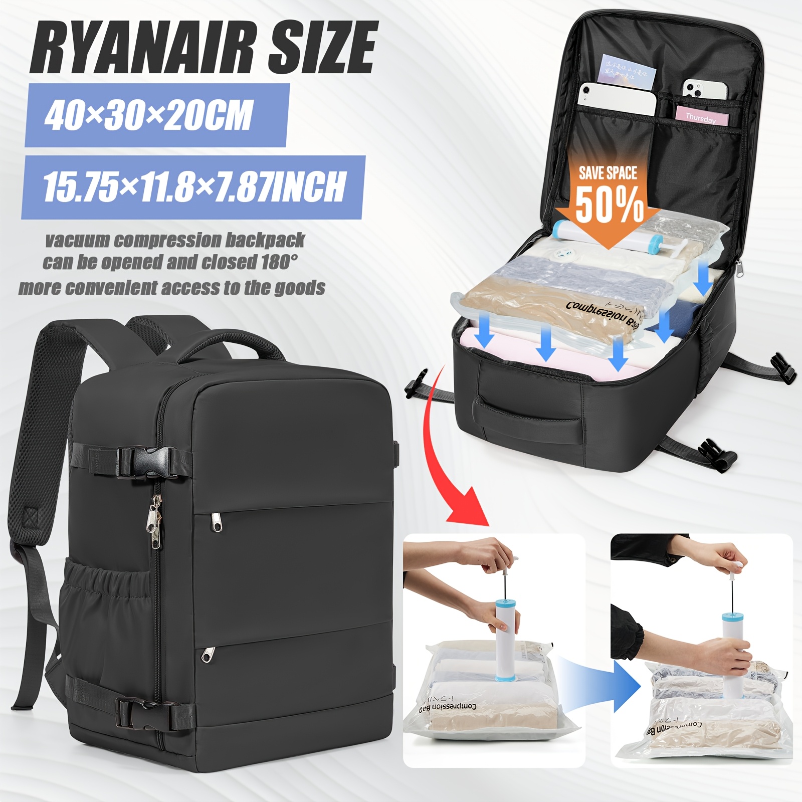 Obrázok položky multifunkčný batoh s veľkou kapacitou | vákuové kompresné popruhy, manuálna pumpa, jeden klik pre zvýšenie úložného priestoru o 50%, 40x20x30cm, vhodný na krátkych výletov, do školy, víkendová taška na   |, nylonová podšívka, priehradka na notebook, držiak