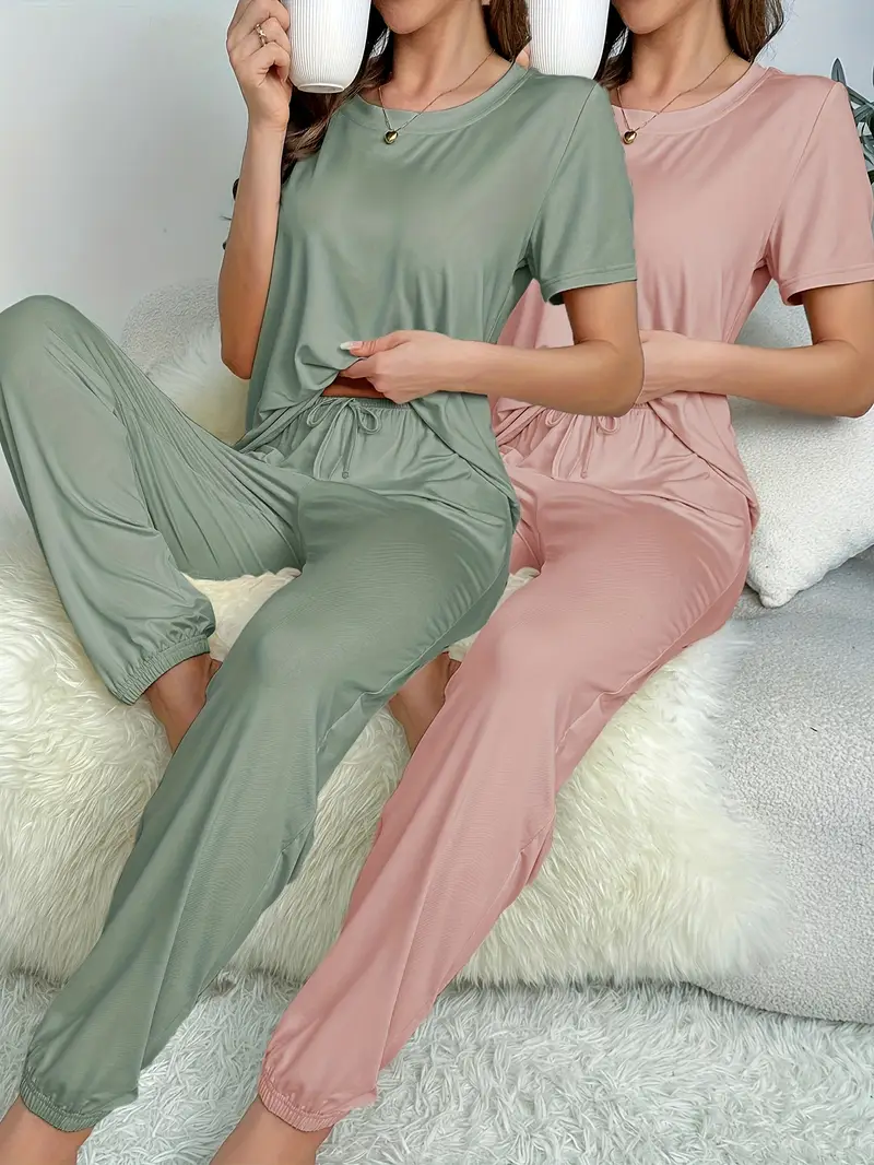 ladies new style solid color simple short sleeved top and long pants set casual and comfortable pajamas Product details 2