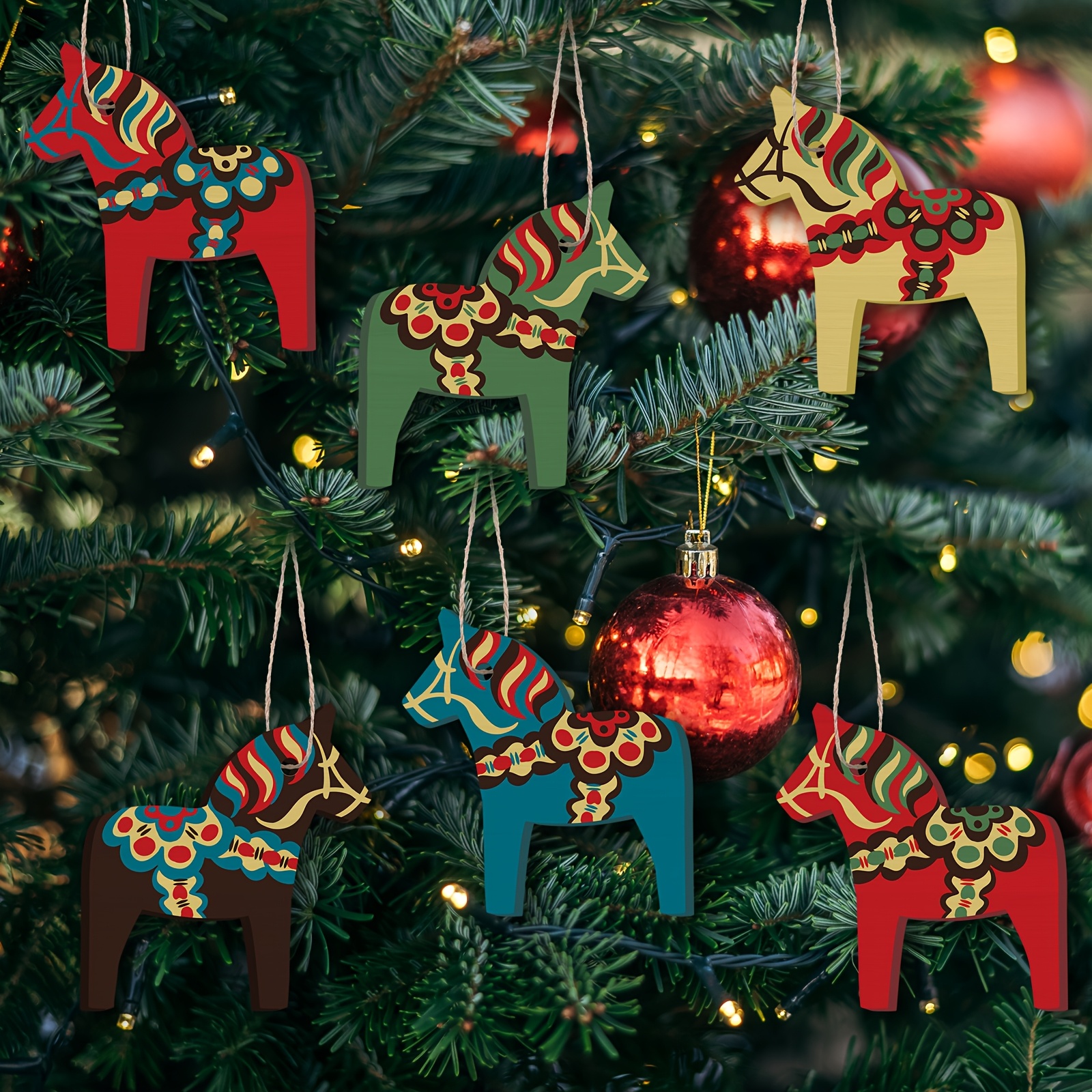 TEMU 6pcs Christmas Ornaments Wooden Hanging Pendant Decorative Dalecarlian Horse Figurine Christmas Decorations For Home Xmas Tree For Party Gift