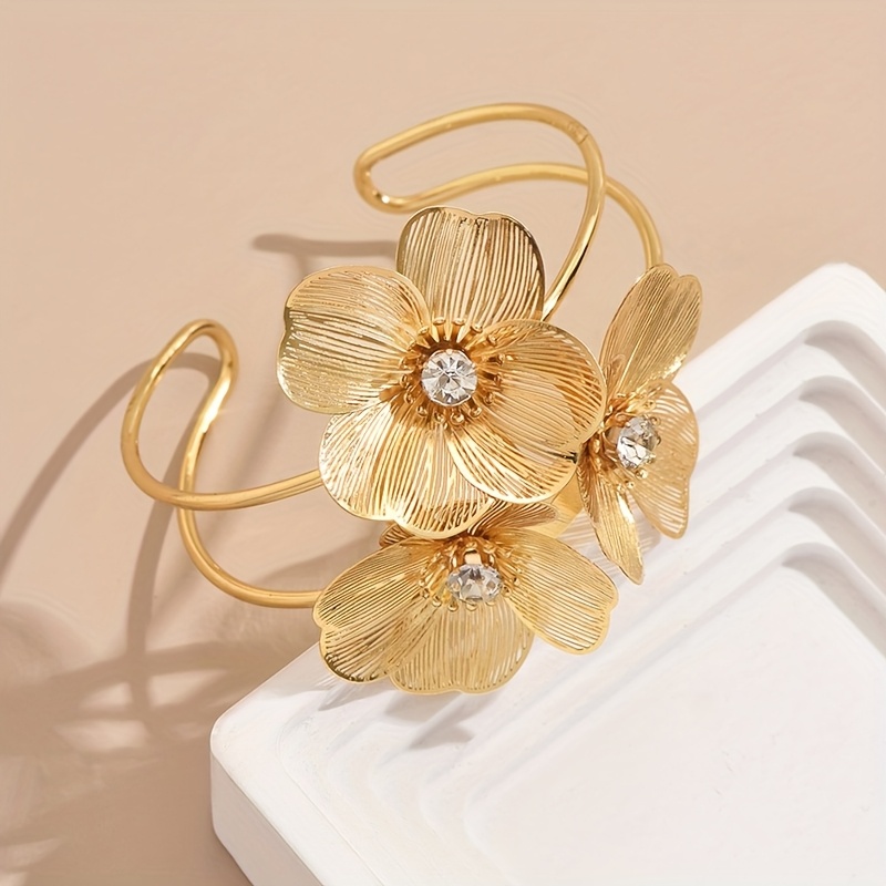 Adjustable Floral Cuff Bracelet with Gemstone Accents