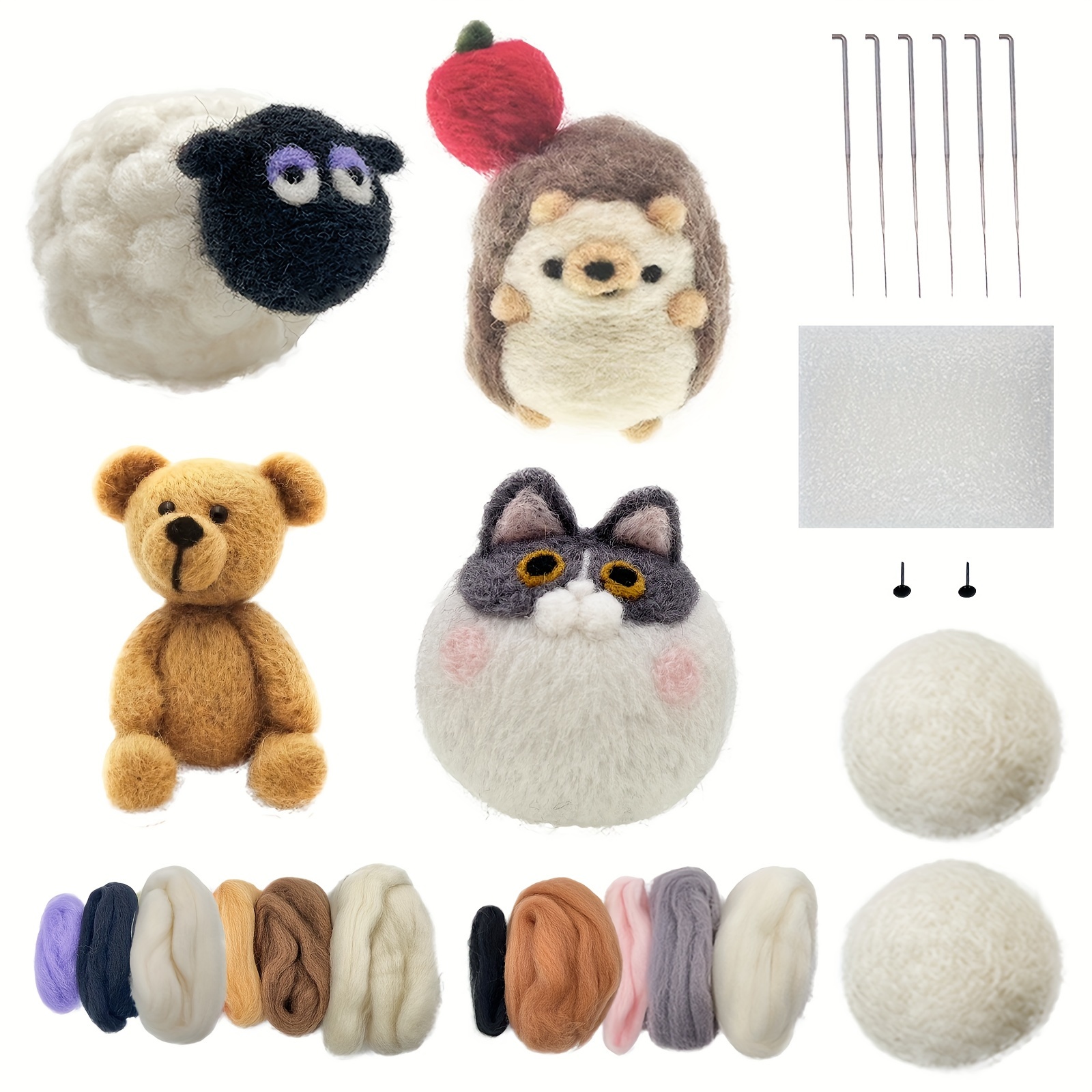 Image of 4pcs Or 1pc Animal Needle Felting Gift Kit, 70s Fine Wool With Felting Foam Mat, Needles And Instructions- Easy For Beginner. The Needles Are Inserted In