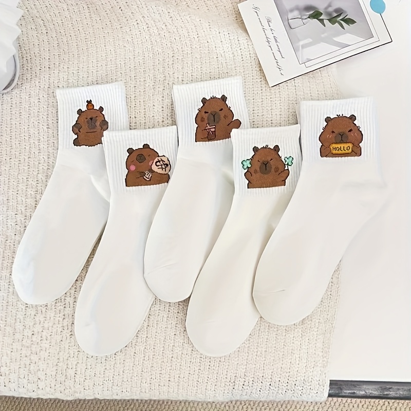 5 Pairs Of Capybara Lazy Good Luck Women's Mid-calf Socks