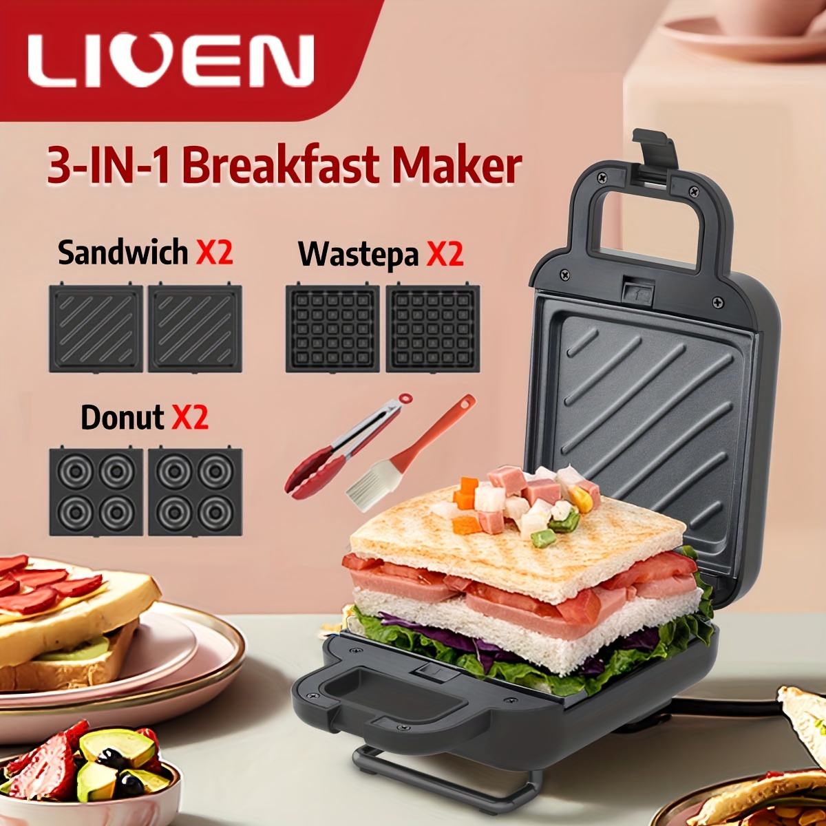 

Liven , 3-in-1 Waffle Maker With Removable Non-stick Plates, Compact Design, Easy To Clean, Perfect For Individuals, On The Go Breakfast, Lunch, Snack