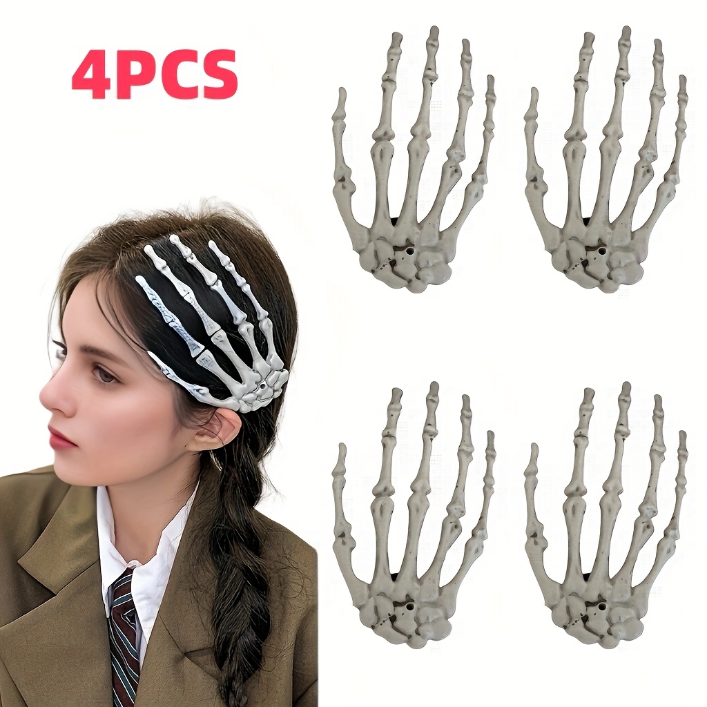 FRCOLOR 4er Set Skelett-Hand-Haarspangen – Strass, Gold/Silber, Für Halloween & Kostümpartys