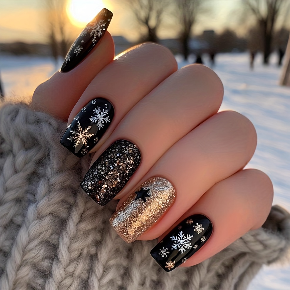 TEMU 24pcs Christmas Patch Nails-black And Golden Glitter Gradient Snowflake Stars Wear Armor-medium Square-christmas, To Wear-ladies Christmas Nail