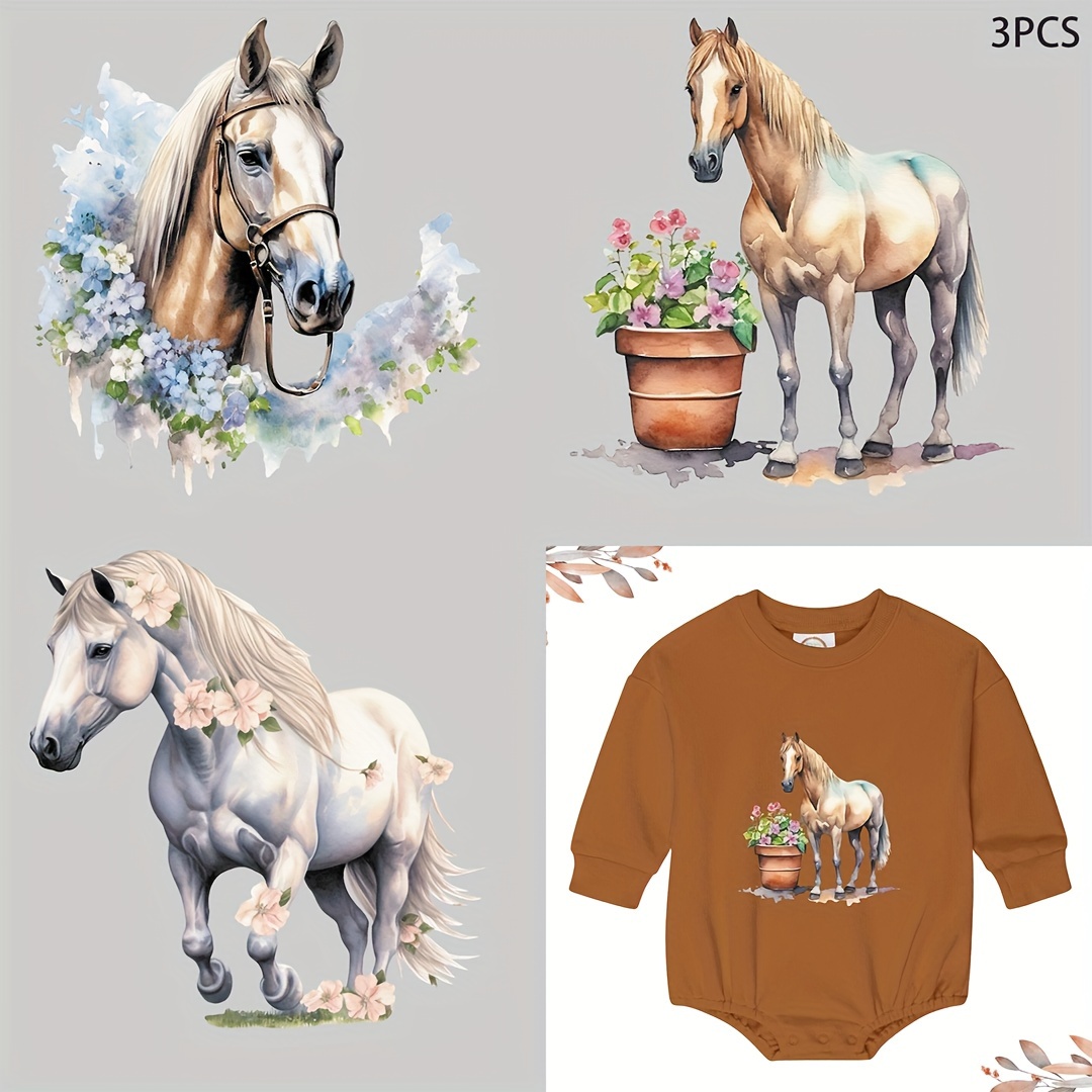 

3/6pcs Flowers And Horses Heat Transfer Sticker, Diy Iron-on Clothing Supplies & Appliques For Clothes, T-shirt Making, Pillow Decorating