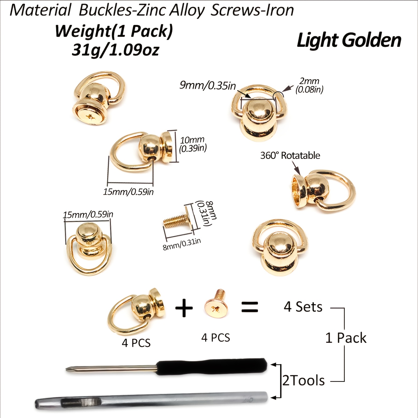 E-shop 4 Sets Metall-Kugelnieten D-Ring mit 2 Werkzeugen für Umhängetaschen, Handtasche Zylinderförmiger Zinklegierung Eimer-Verschluss