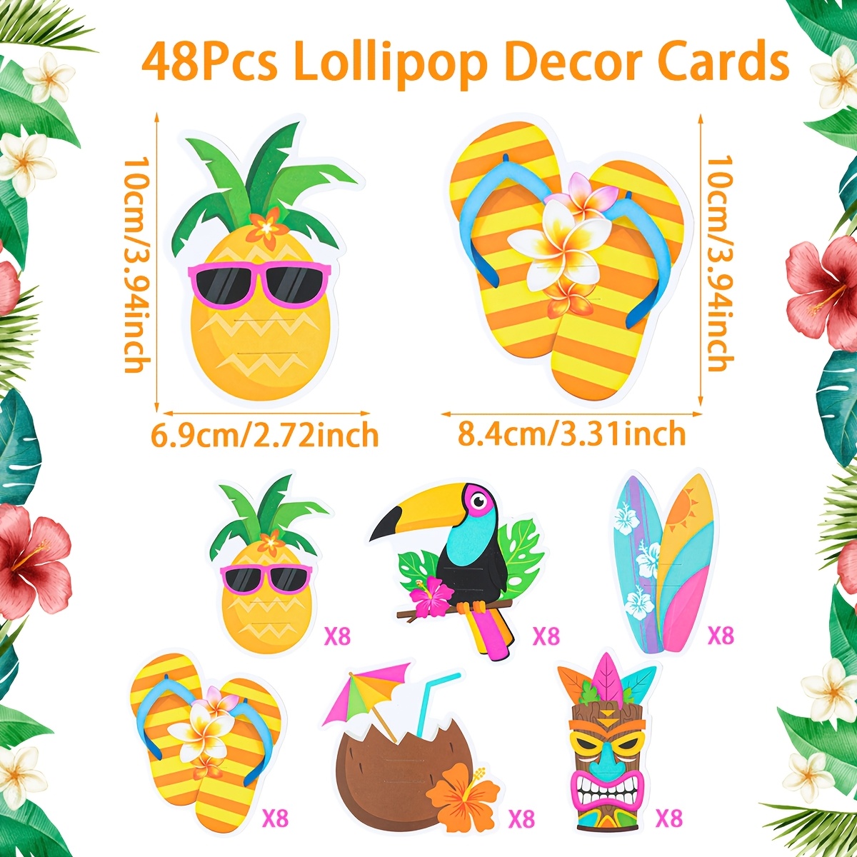 TEMU Gift For Her/him 48pcs, -item Party Favor Packs, Hawaii Lollipop Decor Cards, Colorful Pineapple Parrot Coconut Design Decorative Cardboards,