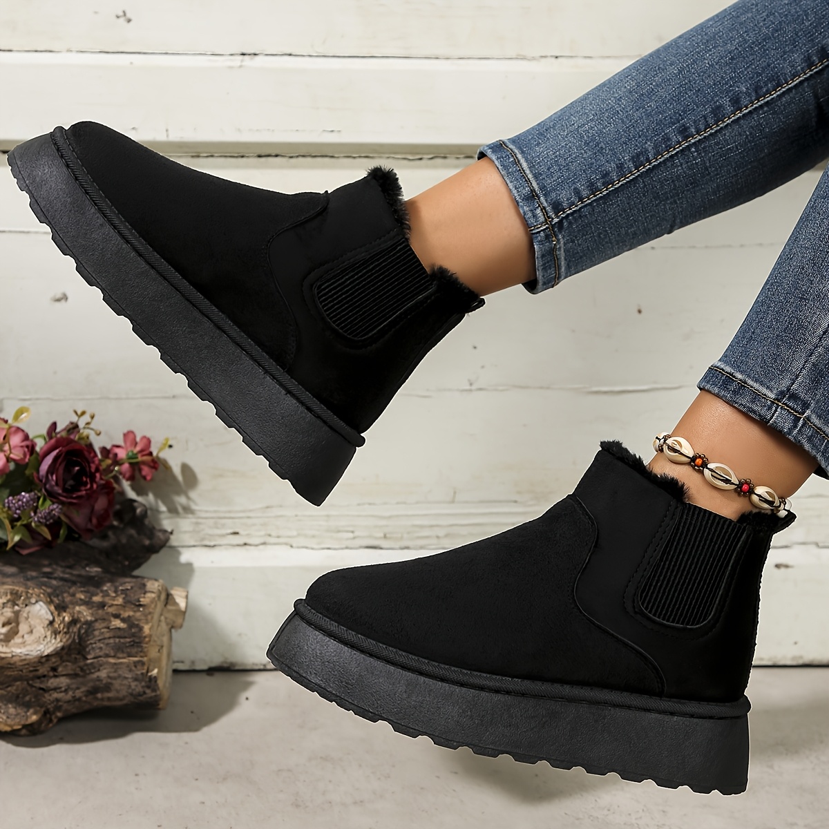 

Women's Plush-lined Slip-on Snow Boots - Comfy Sole, Mid-calf Winter Ankle Boots In Black With Side Panels For Casual Wear