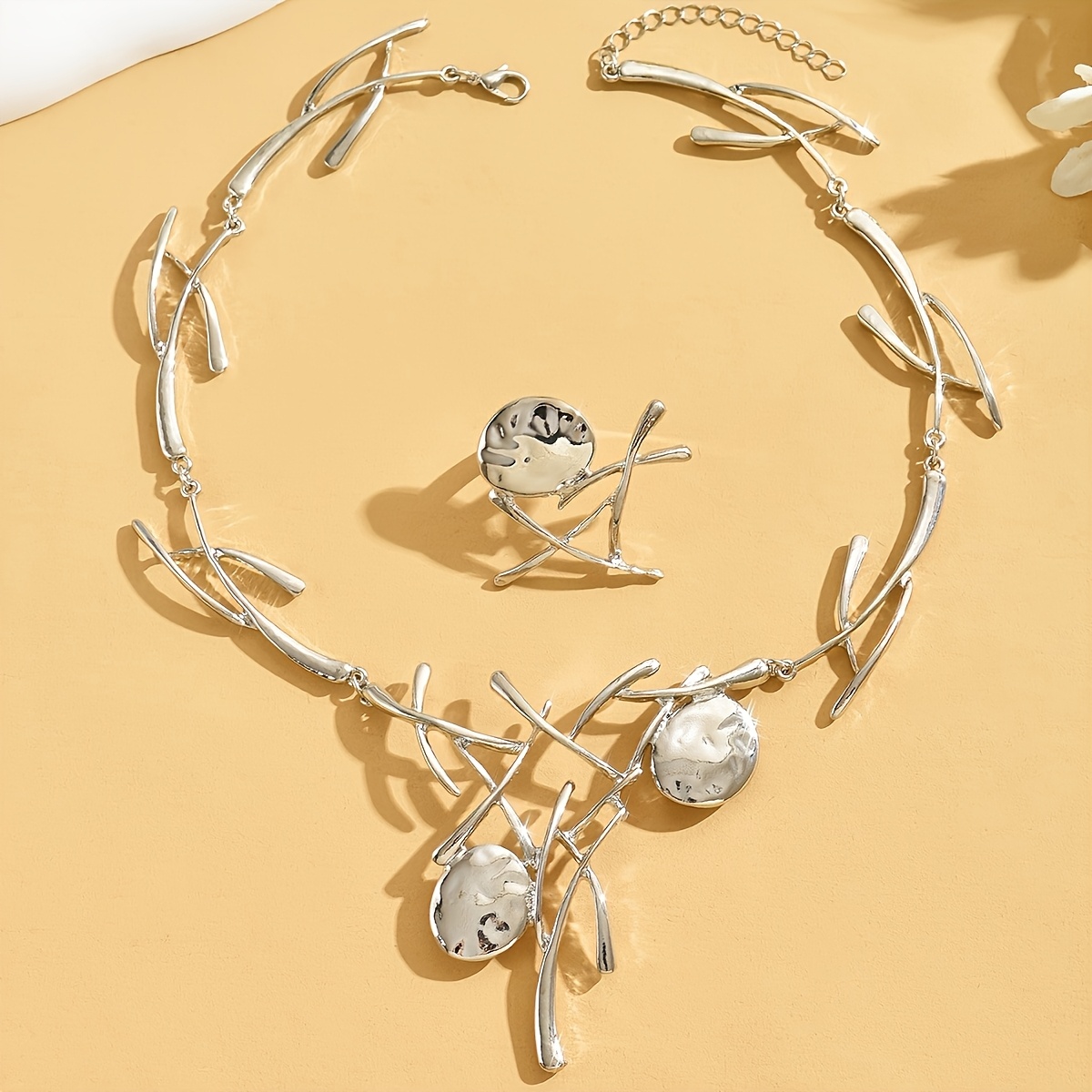 Stylish Geometric Tree Branch Necklace & Ring Set