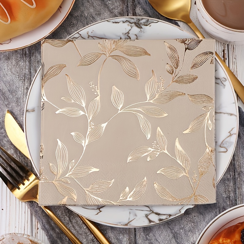 Elegante engangs papirservietter med gyldne blade, 20 stk. - Høj kvalitet, perfekte til påske, Hanukkah, Thanksgiving og forældrefester