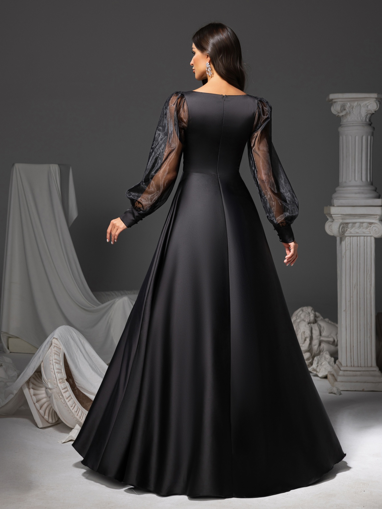 chinese dress ladies A line Off The Shoulder Long Sleeves Black Slit Prom Dress 21th Birthd