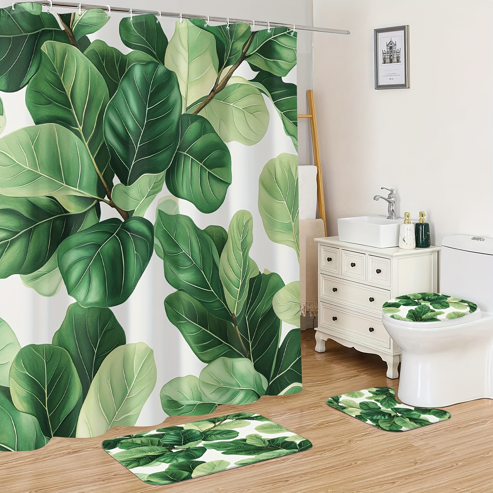 四件套天然绿植浴室套装，热带风琴叶图案浴帘+防滑浴垫+u型地垫+马桶座圈，72x72英寸，聚酯纤维浴帘套装，包括12个挂钩，适合家庭使用、淋浴间、浴缸装饰 0